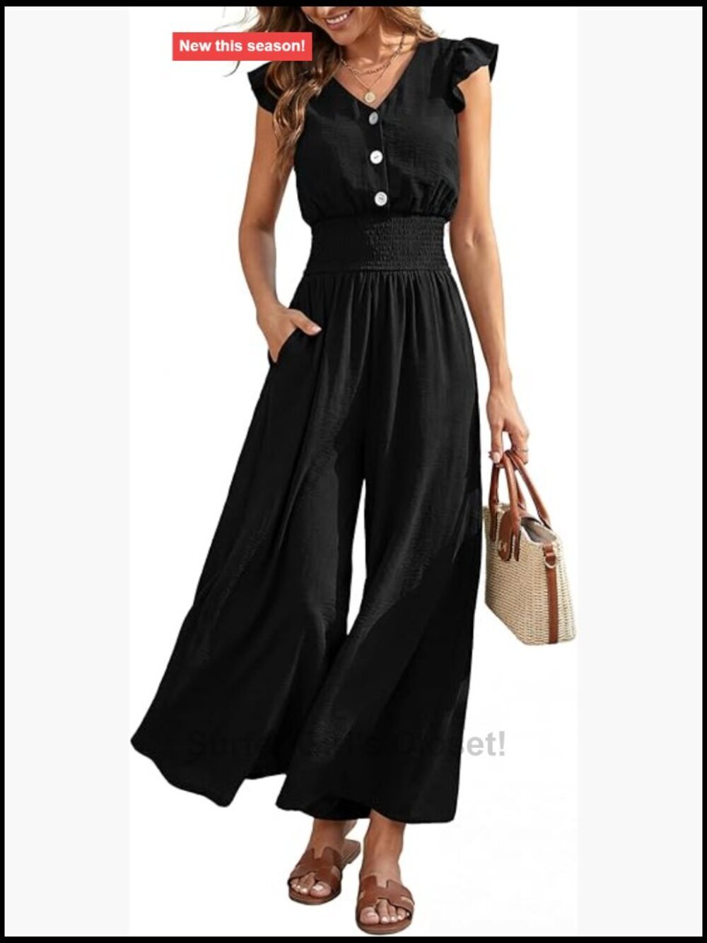 Ruffle Cap Sleeve V Neck Smocked Wide Leg Jumpsuit Romper